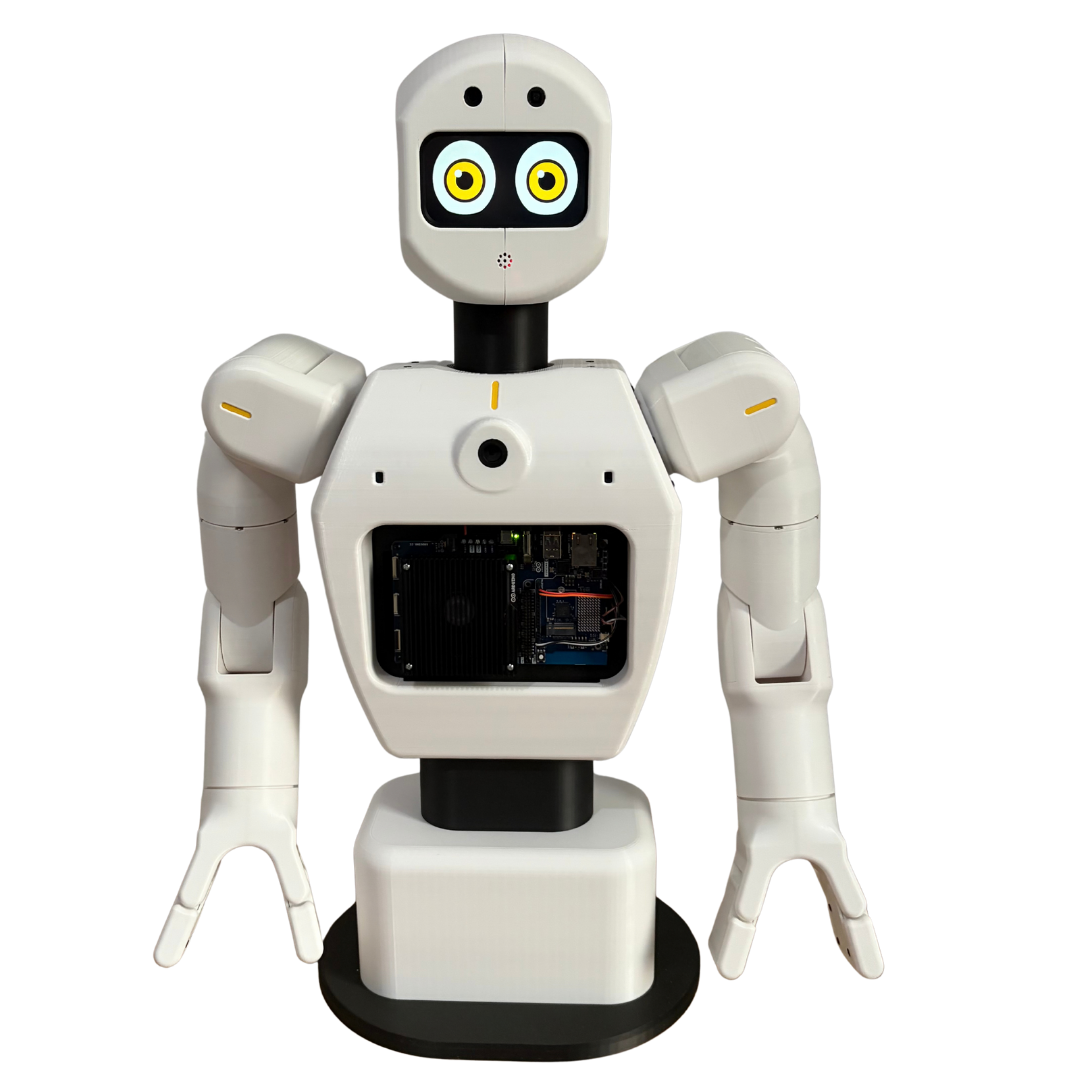 The humanoid robot seen from the front, eyes on the face screen