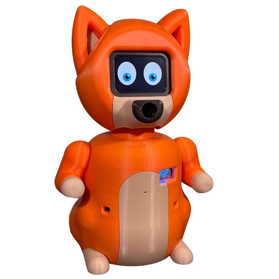 Nuvi visto di tre quarti: le orecchie, lo schermo del viso e la matrice LED sul petto