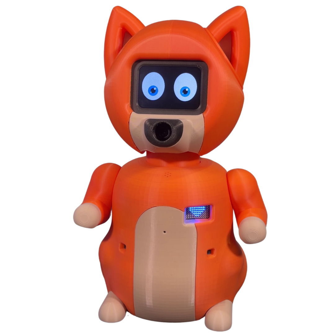 Nuvi, the orange desk companion robot, seen from the front