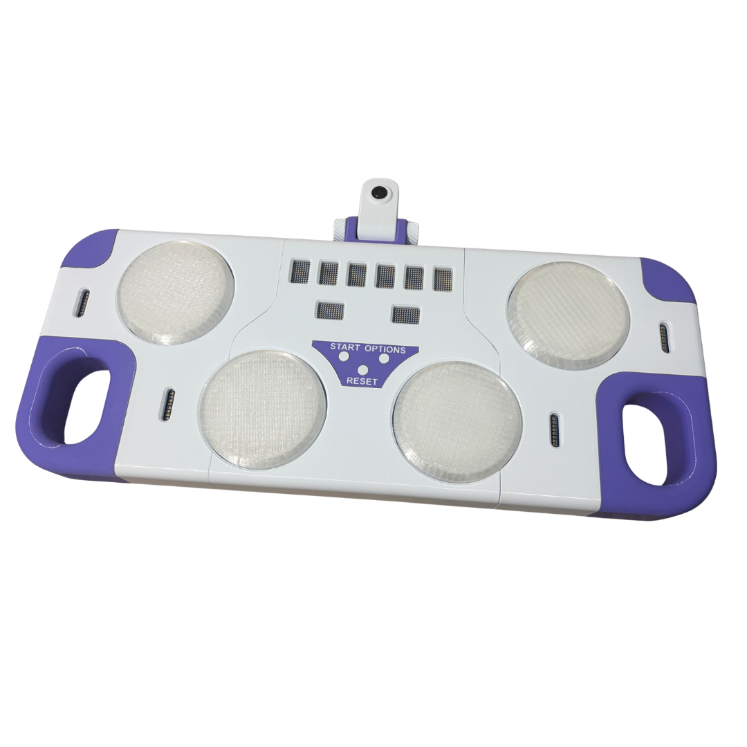 The machine from the side: the purple handles, the four pads and the camera on its arm