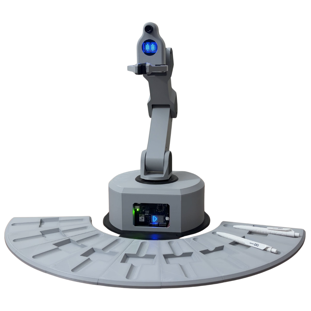 The robot arm on its base, with the two trays
