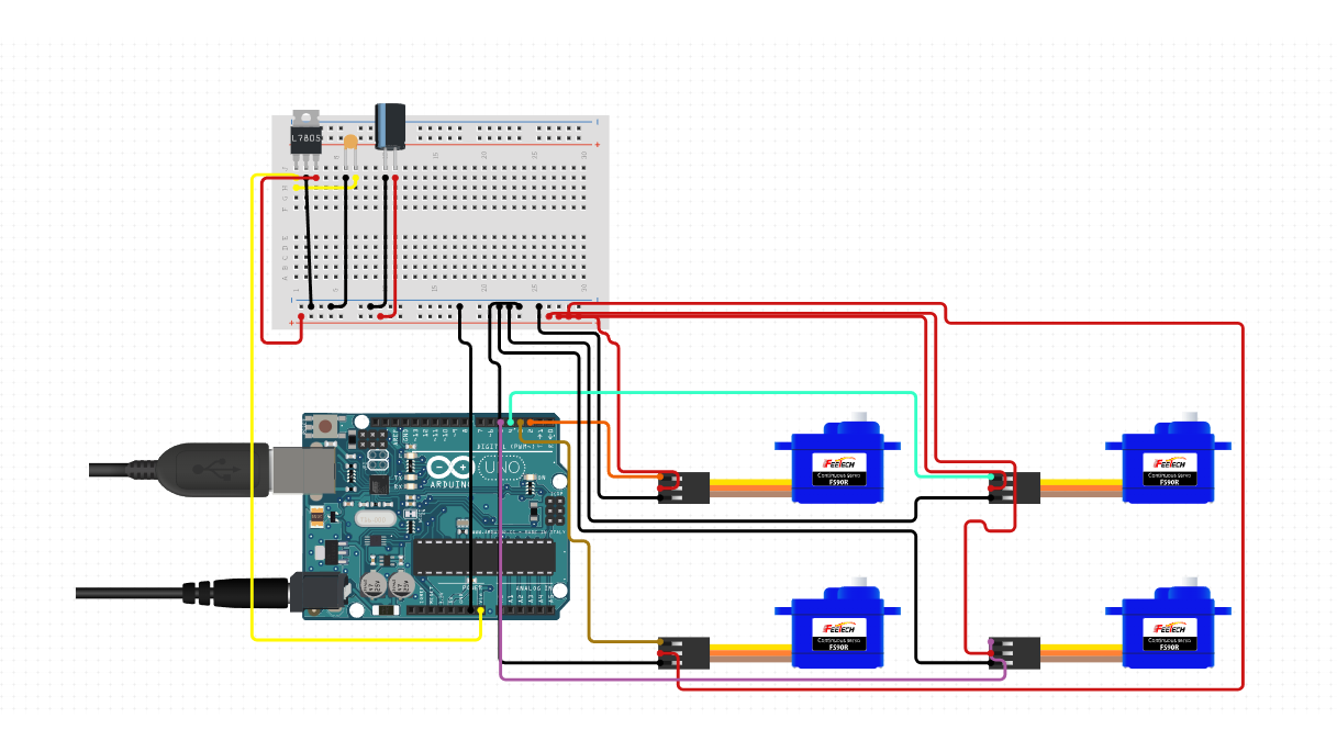 Schema elettrico: un Arduino Uno, quattro servo e una breadboard con un regolatore 7805 e un condensatore sull’alimentazione dei servo